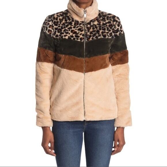 Coffee Shop Faux Fur Leopard Colorblock Jacket S - Picture 1 of 8